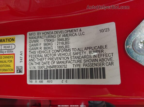 19XFL2H84RE006752 2024 HONDA CIVIC Red Շարժիչի բաժամունքի տեսք