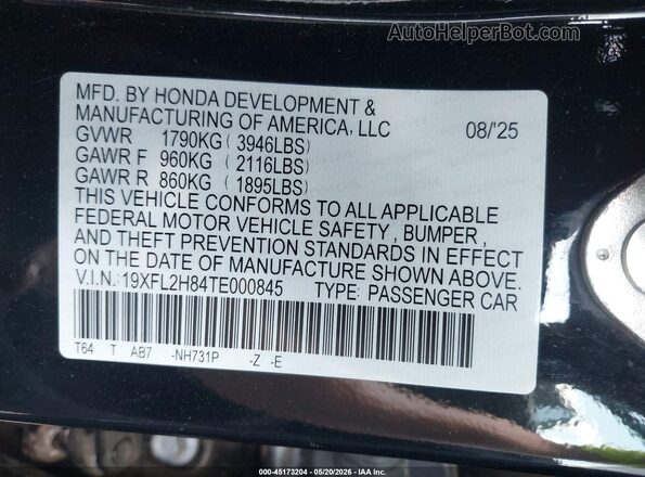 19XFL2H84TE000845 2026 HONDA CIVIC Черный Вид подкапотного пространства