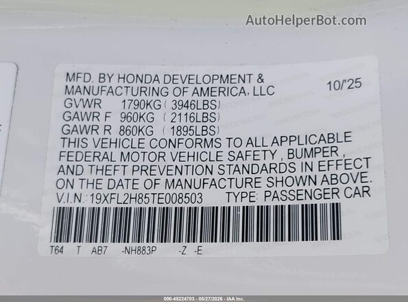 19XFL2H85TE008503 2026 HONDA CIVIC White Вид підкапотного простору