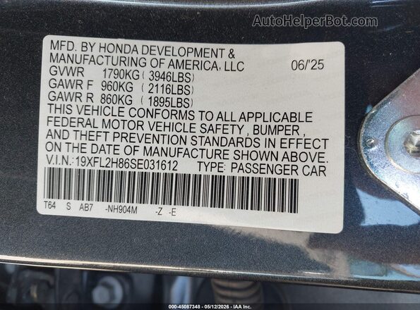 19XFL2H86SE031612 2025 HONDA CIVIC Gray Շարժիչի բաժամունքի տեսք