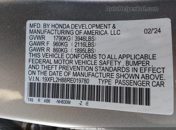 19XFL2H88RE019780 2024 HONDA CIVIC Серебряный Вид подкапотного пространства