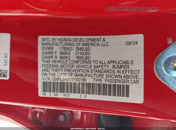 19XFL2H88SE002189 2025 HONDA CIVIC Red Շարժիչի բաժամունքի տեսք