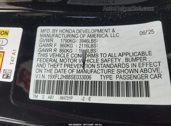 19XFL2H88SE033006 2025 HONDA CIVIC SEDAN Черный 
