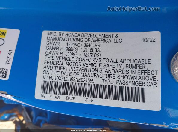 19XFL2H89NE024559 2022 HONDA CIVIC Light Blue Շարժիչի բաժամունքի տեսք