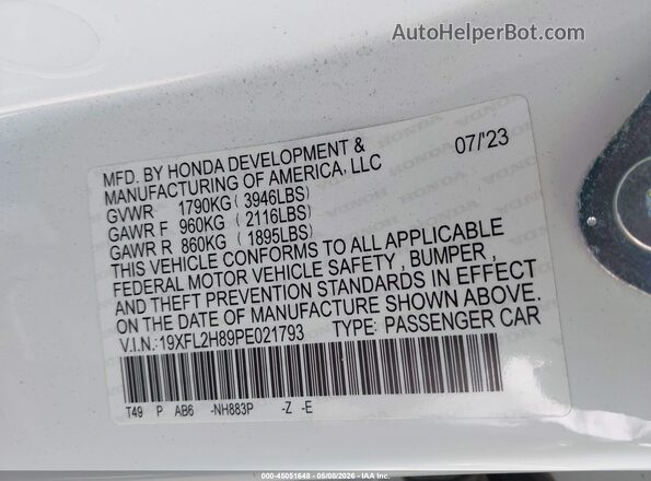 19XFL2H89PE021793 2023 HONDA CIVIC White Widok komory silnika