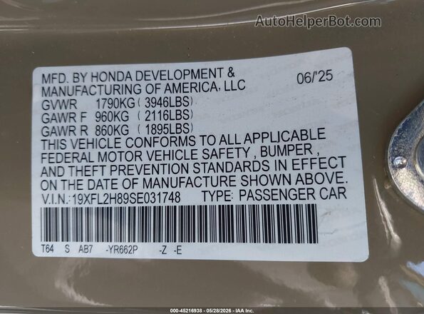 19XFL2H89SE031748 2025 HONDA CIVIC Beige Widok komory silnika