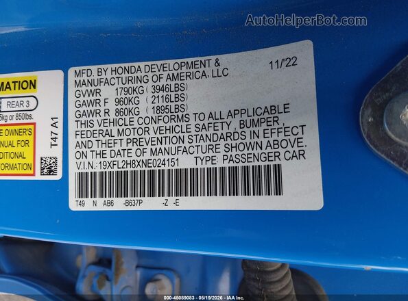 19XFL2H8XNE024151 2022 HONDA CIVIC Blue Vista del compartimento del motor