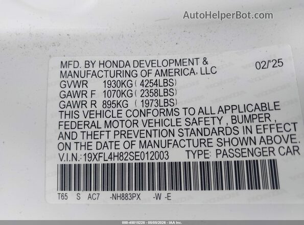 19XFL4H82SE012003 2025 HONDA CIVIC White Vista del compartimento del motor