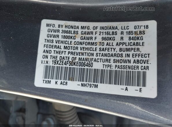 19XZE4F50KE006460 2019 HONDA INSIGHT Gray 