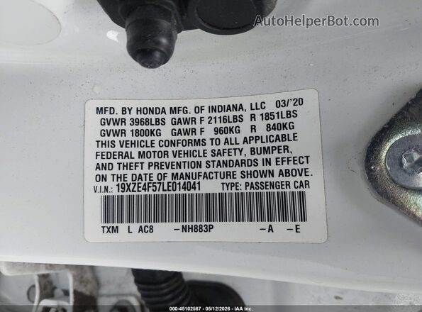 19XZE4F57LE014041 2020 HONDA INSIGHT White Вид підкапотного простору