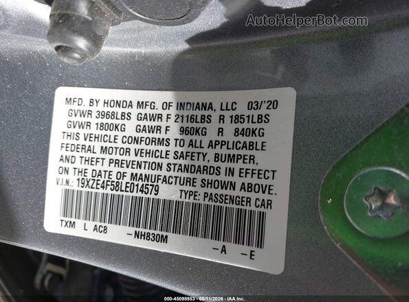 19XZE4F58LE014579 2020 HONDA INSIGHT Silver Շարժիչի բաժամունքի տեսք