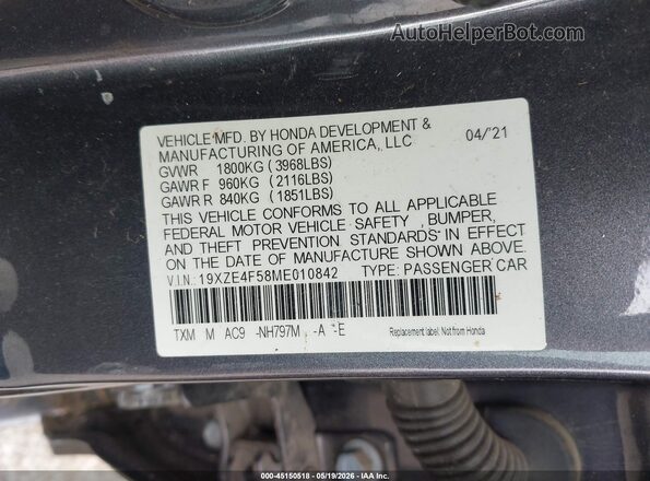 19XZE4F58ME010842 2021 HONDA INSIGHT Серый Вид подкапотного пространства