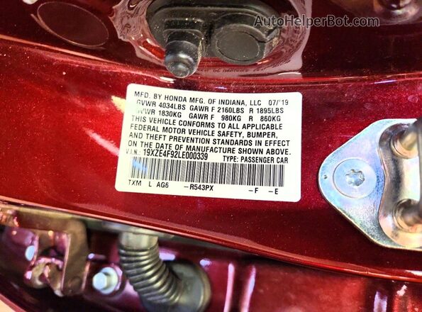 19XZE4F92LE000339 2020 HONDA INSIGHT Темно-бордовый Вид подкапотного пространства