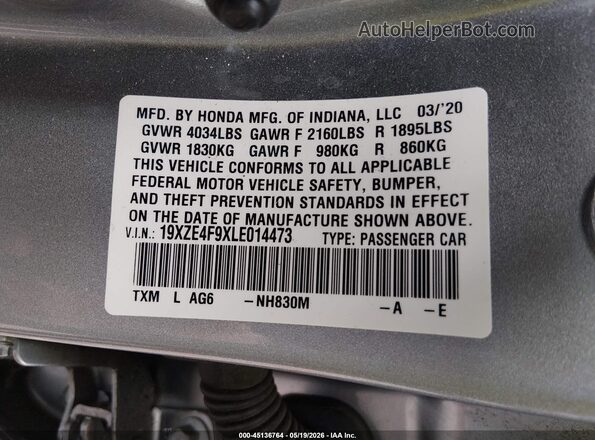 19XZE4F9XLE014473 2020 HONDA INSIGHT Silver Engine compartment view