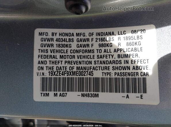 19XZE4F9XME002745 2021 HONDA INSIGHT Silver Engine compartment view