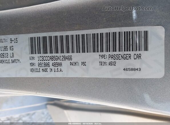 1C3CCCAB5GN128466 2016 CHRYSLER 200 Silver Вид підкапотного простору