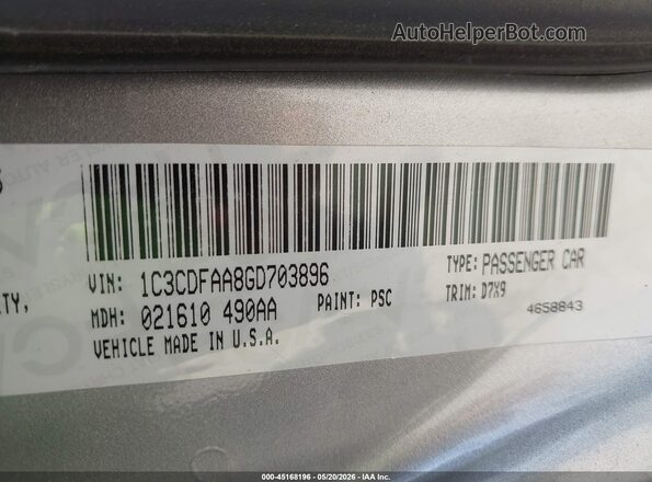 1C3CDFAA8GD703896 2016 DODGE DART Silver Շարժիչի բաժամունքի տեսք