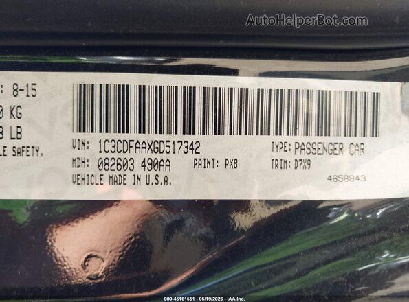 1C3CDFAAXGD517342 2016 DODGE DART Black Engine compartment view