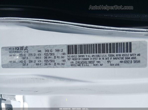 1C4BJWDGXGL188597 2016 JEEP WRANGLER UNLIMITED Белый 