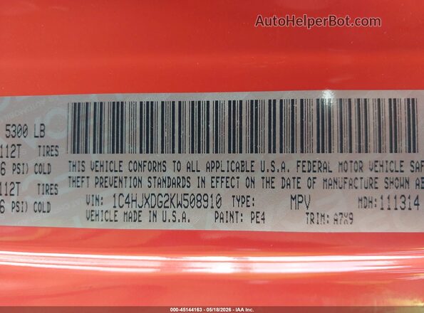 1C4HJXDG2KW508910 2019 JEEP WRANGLER UNLIMITED Оранжевый Вид подкапотного пространства