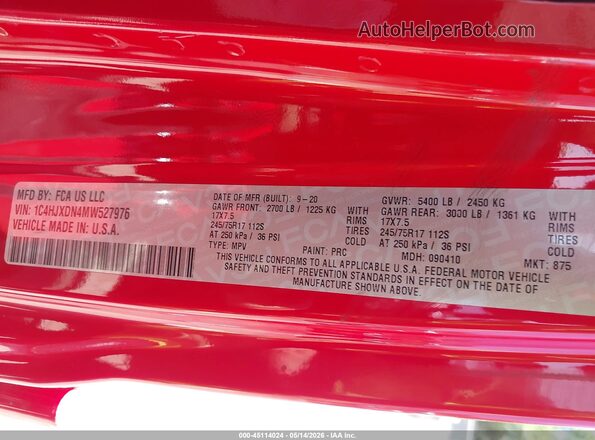 1C4HJXDN4MW527976 2021 JEEP WRANGLER UNLIMITED Red Շարժիչի բաժամունքի տեսք