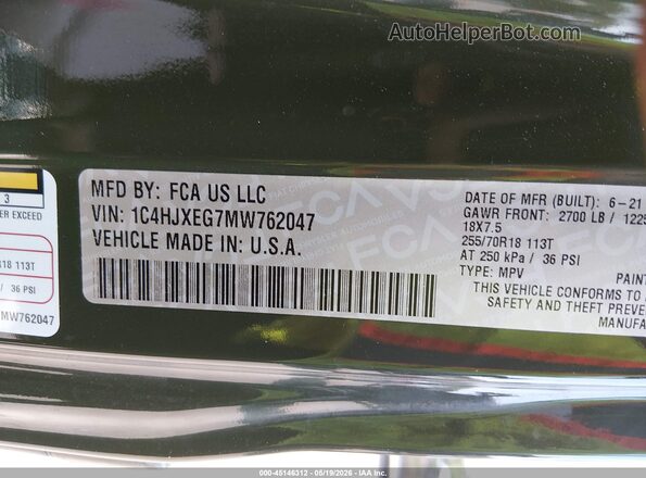 1C4HJXEG7MW762047 2021 JEEP WRANGLER UNLIMITED Green Vista del compartimento del motor