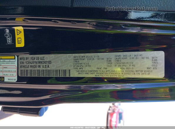1C4HJXFN1NW242103 2022 JEEP WRANGLER UNLIMITED Black Շարժիչի բաժամունքի տեսք