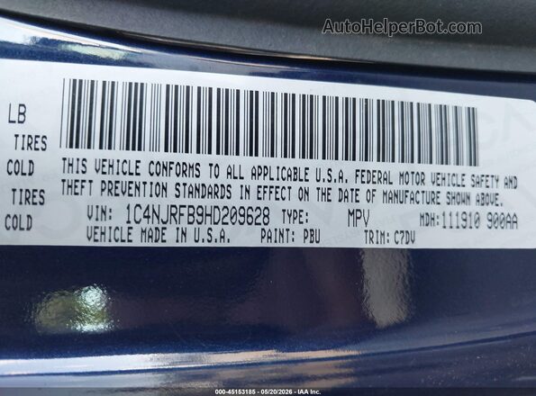 1C4NJRFB9HD209628 2017 JEEP PATRIOT Blue Вид підкапотного простору