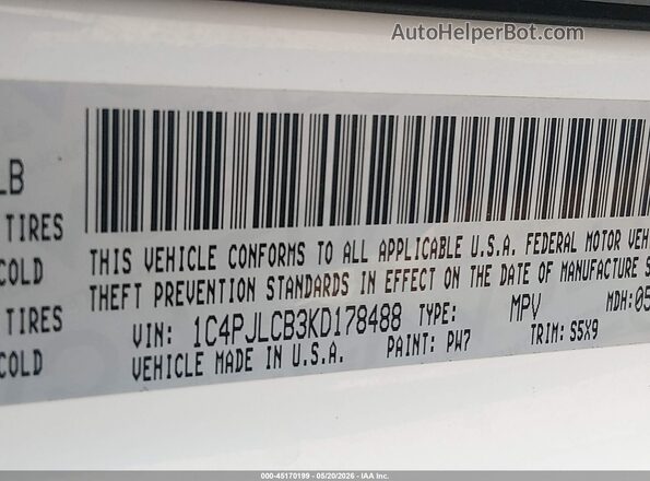 1C4PJLCB3KD178488 2019 JEEP CHEROKEE Белый Вид подкапотного пространства