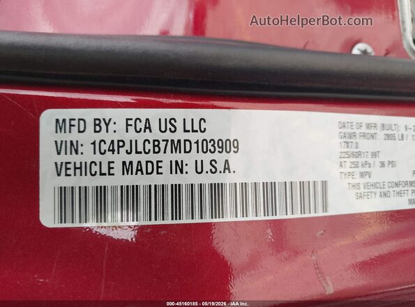 1C4PJLCB7MD103909 2021 JEEP CHEROKEE Maroon Շարժիչի բաժամունքի տեսք