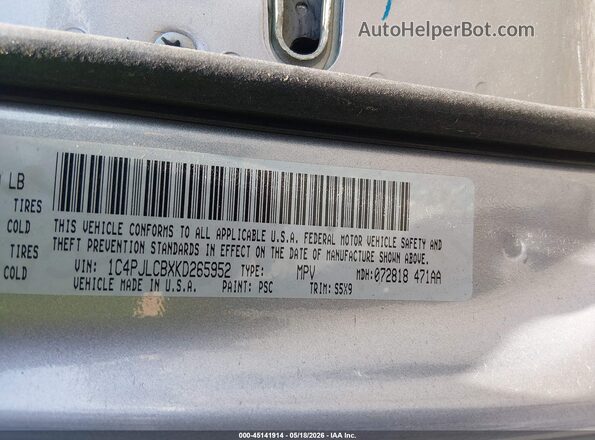 1C4PJLCBXKD265952 2019 JEEP CHEROKEE Silver Вид підкапотного простору