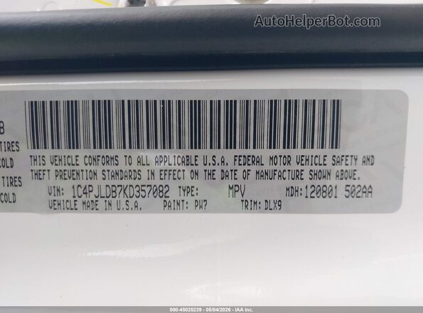 1C4PJLDB7KD357082 2019 JEEP CHEROKEE White 