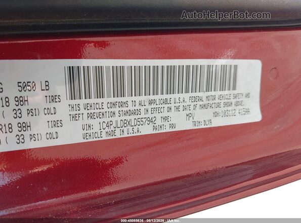 1C4PJLDBXLD557942 2020 JEEP CHEROKEE Maroon Widok komory silnika