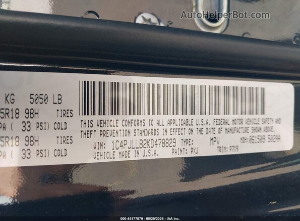 1C4PJLLB2KD478829 2019 JEEP CHEROKEE Черный Вид подкапотного пространства