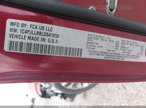 1C4PJLLB8LD641890 2020 JEEP CHEROKEE Maroon Շարժիչի բաժամունքի տեսք