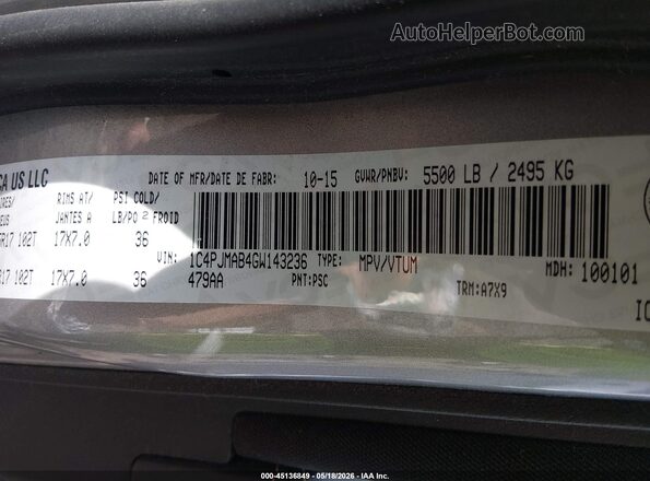 1C4PJMAB4GW143236 2016 JEEP CHEROKEE Серый 