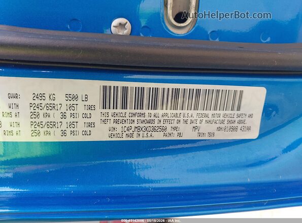 1C4PJMBX3KD362560 2019 JEEP CHEROKEE Blue Вид підкапотного простору