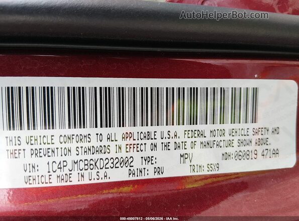 1C4PJMCB6KD232002 2019 JEEP CHEROKEE Red Շարժիչի բաժամունքի տեսք