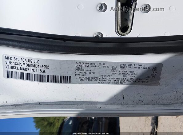 1C4PJMDN0MD156952 2021 JEEP CHEROKEE White 