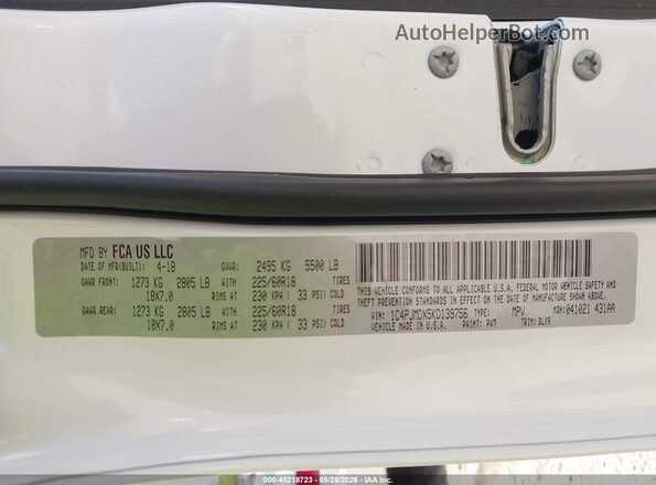 1C4PJMDX5KD139756 2019 JEEP CHEROKEE White Вид підкапотного простору