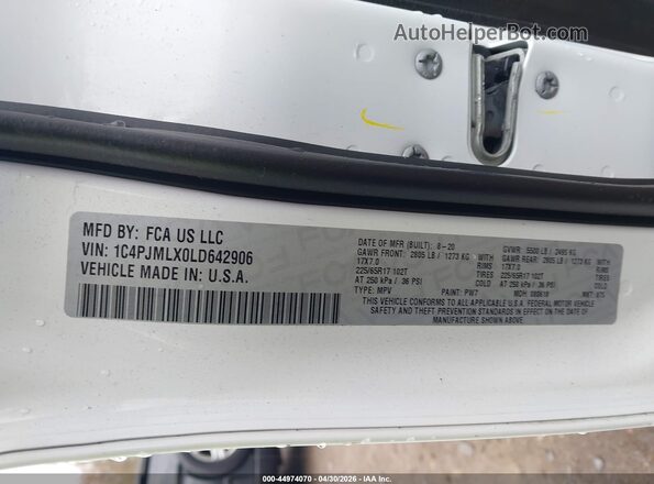 1C4PJMLX0LD642906 2020 JEEP CHEROKEE Белый Вид подкапотного пространства