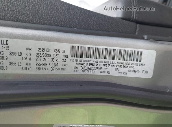 1C4RDJAG2KC722097 2019 DODGE DURANGO Gray 