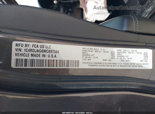 1C4RDJAG6MC697384 2021 DODGE DURANGO Gray Вид підкапотного простору