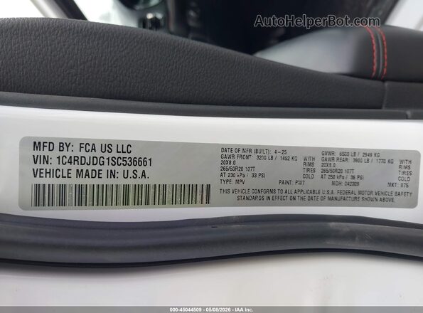 1C4RDJDG1SC536661 2025 DODGE DURANGO Белый Вид подкапотного пространства