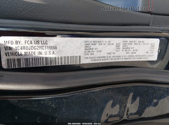 1C4RDJDG2RC119866 2024 DODGE DURANGO Black Շարժիչի բաժամունքի տեսք