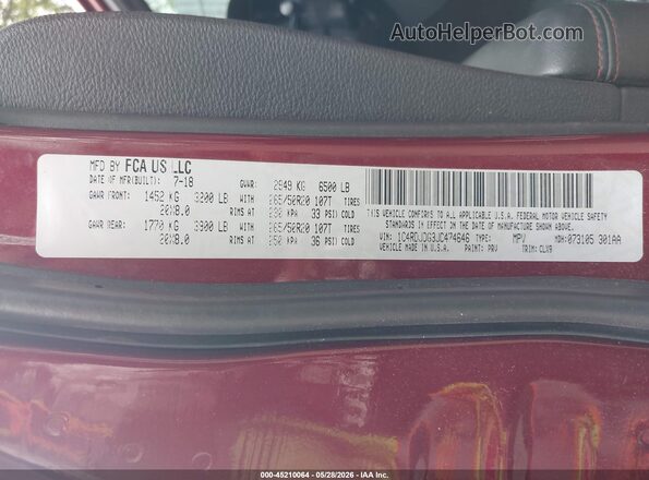 1C4RDJDG3JC474646 2018 DODGE DURANGO Burgundy Vista del compartimento del motor