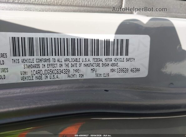 1C4RDJDG5KC634320 2019 DODGE DURANGO Gray Widok komory silnika