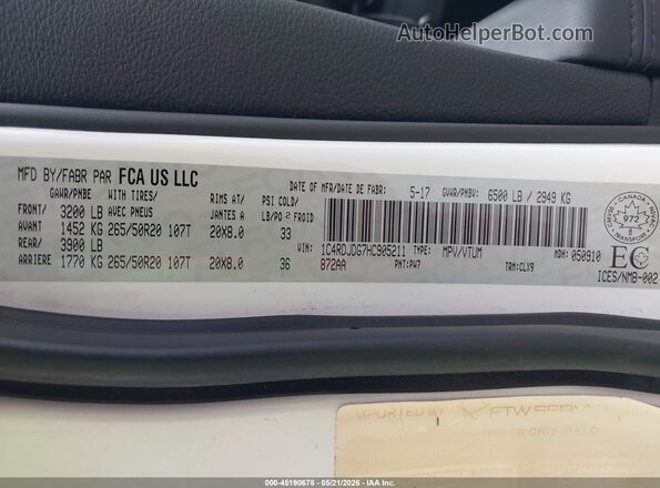 1C4RDJDG7HC905211 2017 DODGE DURANGO White Widok komory silnika