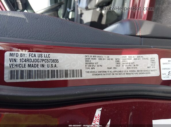 1C4RDJDG7PC573835 2023 DODGE DURANGO Red Vista del compartimento del motor