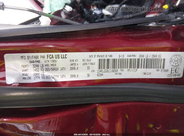 1C4RDJDG9LC106569 2020 DODGE DURANGO Бордовый Вид подкапотного пространства